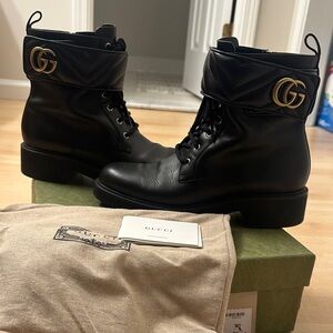 Gucci Black Leather Lace-Up Boots with Gold Accents
